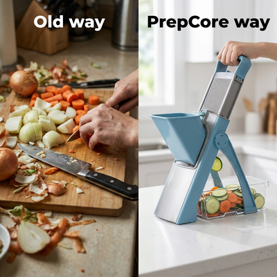 Comparison of manual cutting and PrepCore tool usage on a kitchen counter.