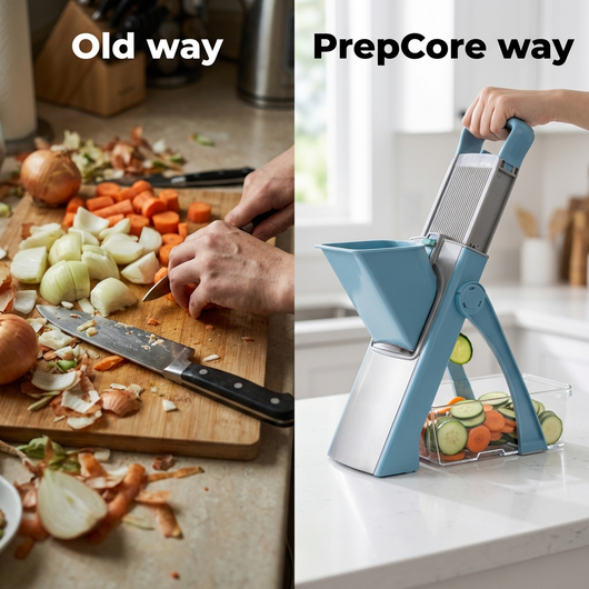 Comparison of manual cutting and PrepCore tool usage on a kitchen counter.