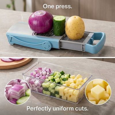 Vegetable chopper with onions, cucumber, and potato on a table, showing perfectly uniform cuts.