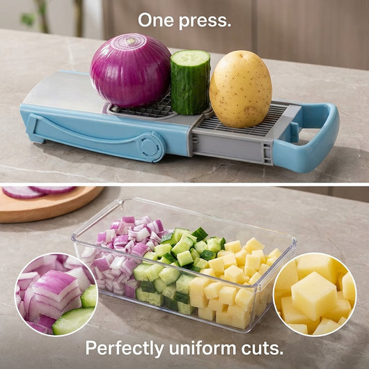 Vegetable chopper with onions, cucumber, and potato on a table, showing perfectly uniform cuts.