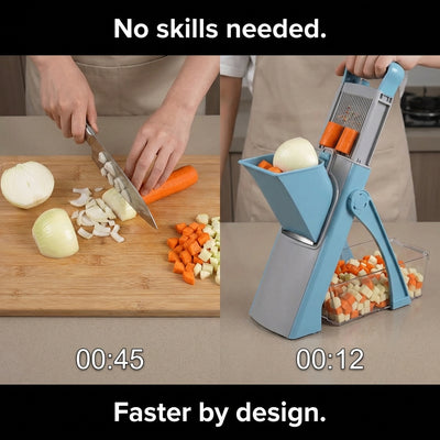 Comparison of manual chopping and using a vegetable chopper on a kitchen counter.