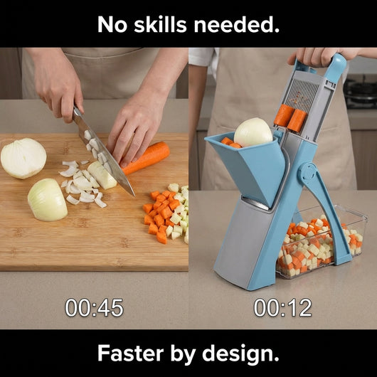 Comparison of manual chopping and using a vegetable chopper on a kitchen counter.