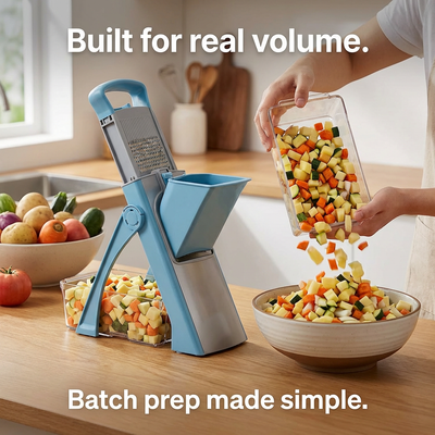 Vegetable chopper with chopped vegetables on a kitchen counter, text 'Built for real volume. Batch prep made simple.'