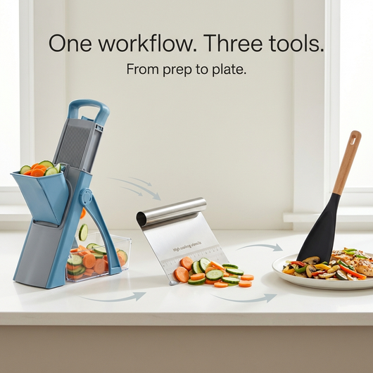 Kitchen tool set with grater, mandoline, and spatula on a counter with vegetables.